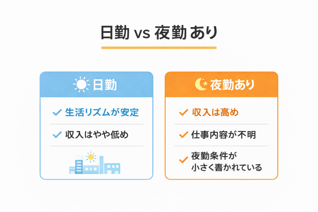 日勤ありとなしの作業内容・収入の違い
