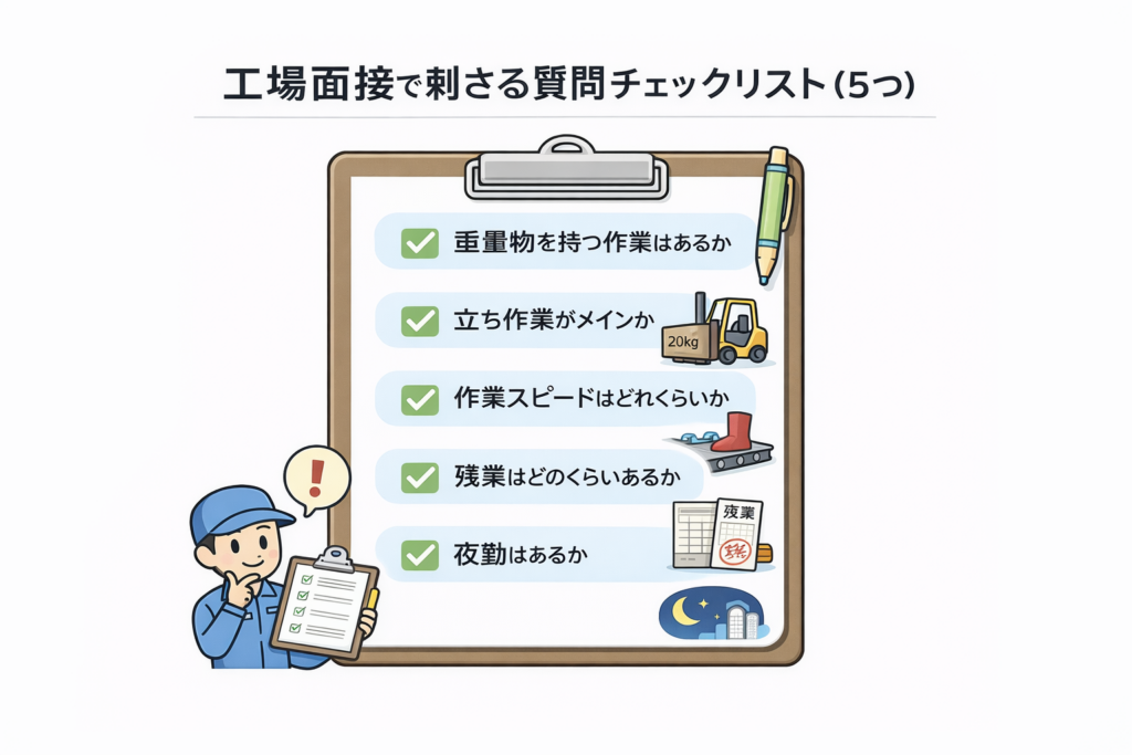 工場面接で確認する質問チェックリスト(重量物・立ち作業・作業スピード・残業・夜勤)